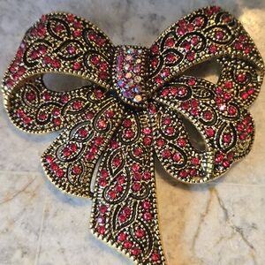 Vintage Inspired Red and Gold Rhinestone Bow Brooch